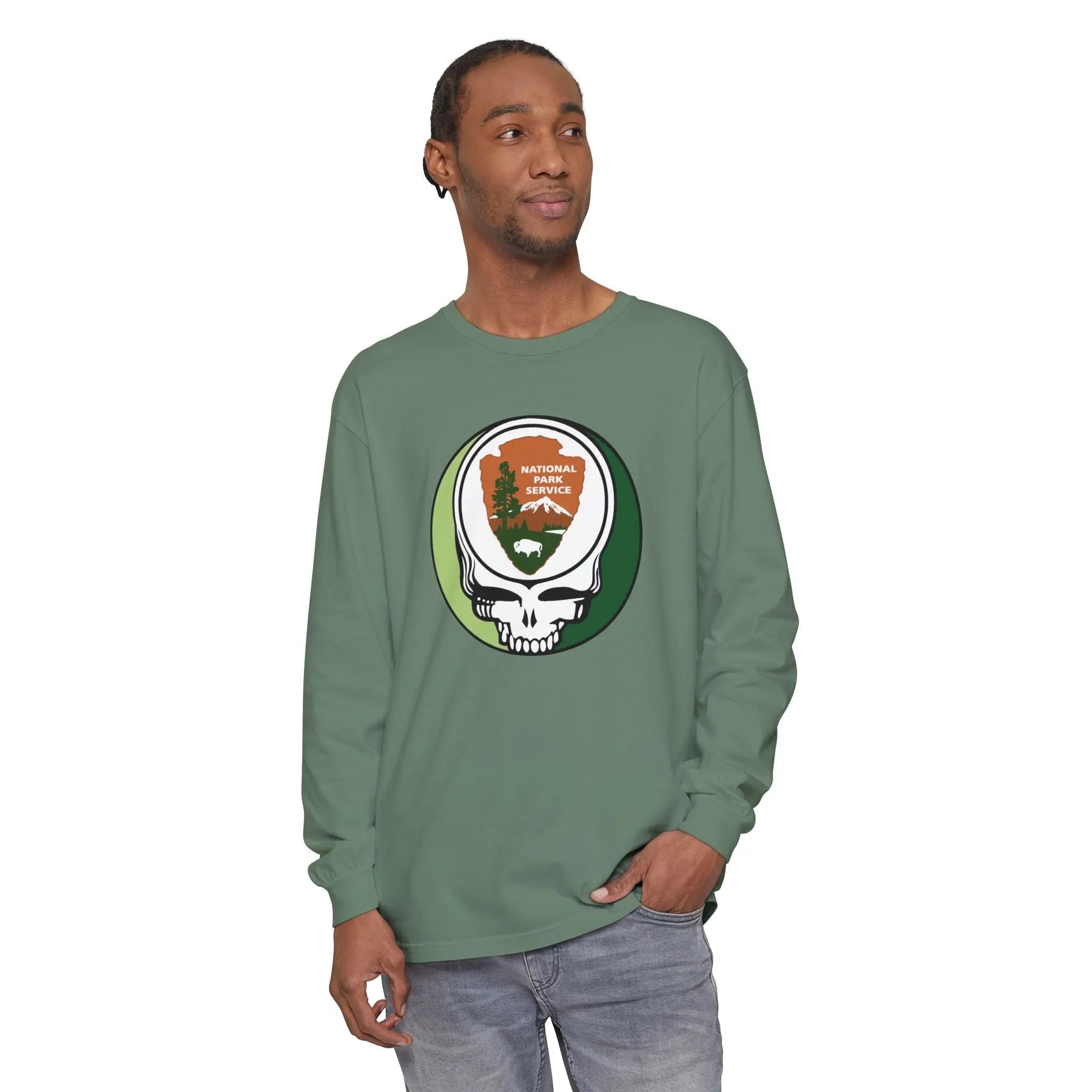 Moss green long-sleeve t-shirt with National Park Service skull logo on chest