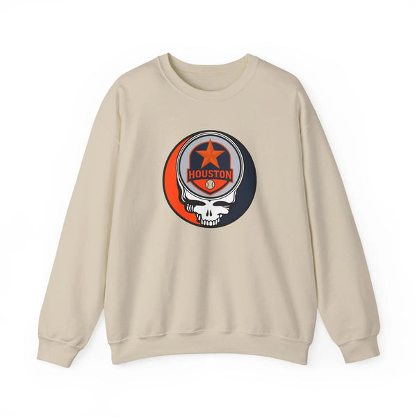 Sand crewneck sweatshirt with Houston Astros Stealie skull logo on front