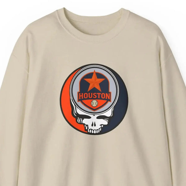 Sand crewneck sweatshirt with Houston Astros Stealie skull logo on chest