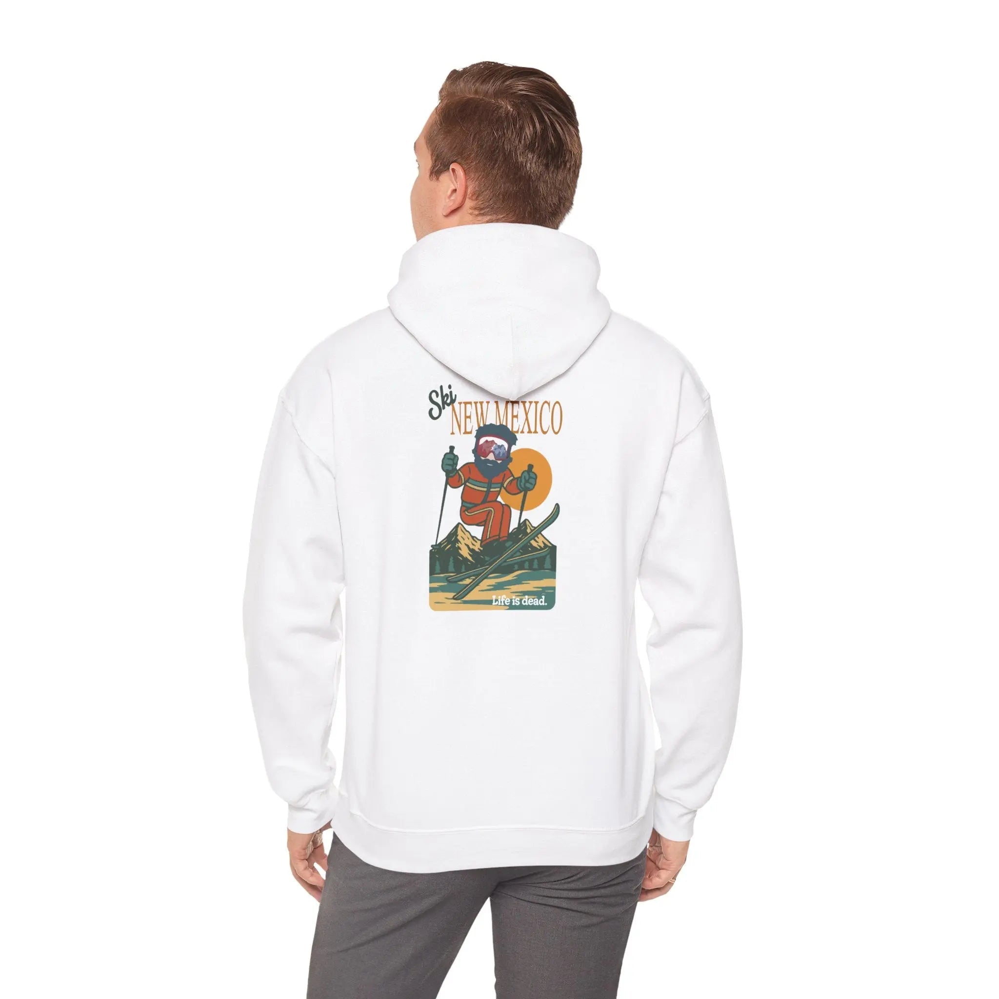 White ski-themed hoodie with back graphic and hood; long sleeves, pull-on style