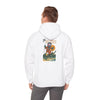 White ski-themed hoodie with back graphic and hood; long sleeves, pull-on style