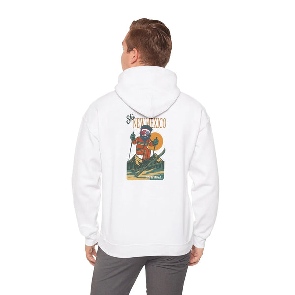 White ski-themed hoodie with back graphic and hood; long sleeves, pull-on style