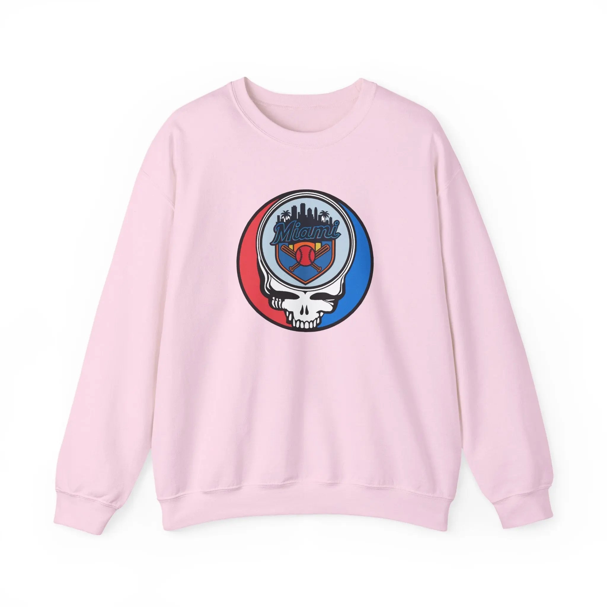 Light pink crewneck sweatshirt with Miami Marlins skull logo graphic on chest