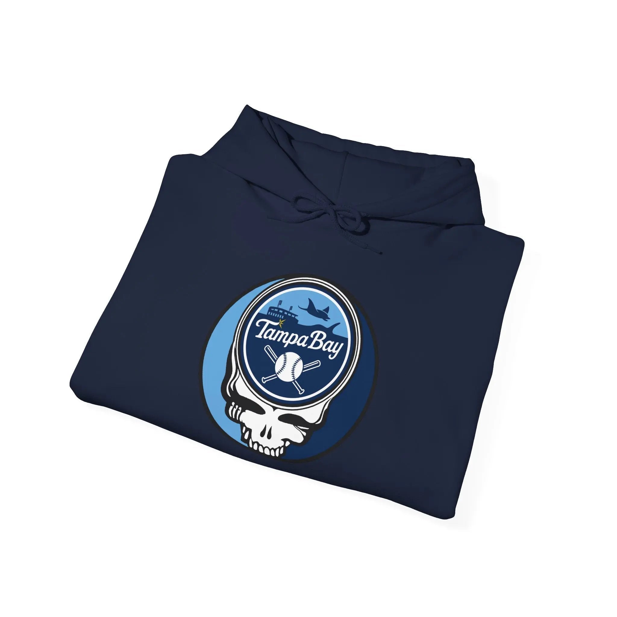 Navy Tampa Bay Rays hoodie with front pouch and skull logo patch