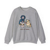 Sport grey crewneck sweatshirt with cartoon graphic of two men and a pug dog