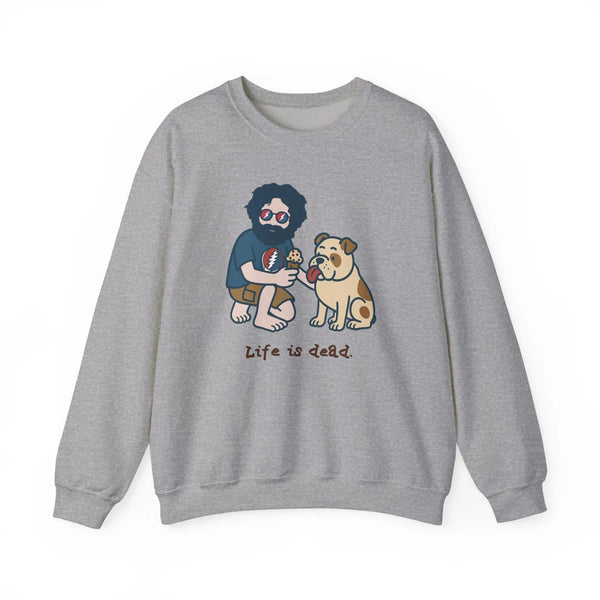 Sport grey crewneck sweatshirt with cartoon graphic of two men and a pug dog