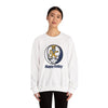 White crewneck sweatshirt with circular dancing lion logo on the chest