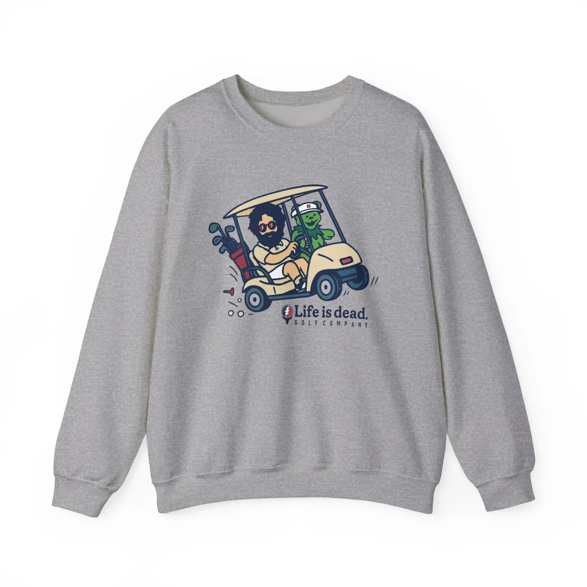 Sport grey crewneck sweatshirt with chest cartoon vehicle graphic, long sleeves