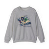 Sport grey crewneck sweatshirt with chest cartoon vehicle graphic, long sleeves