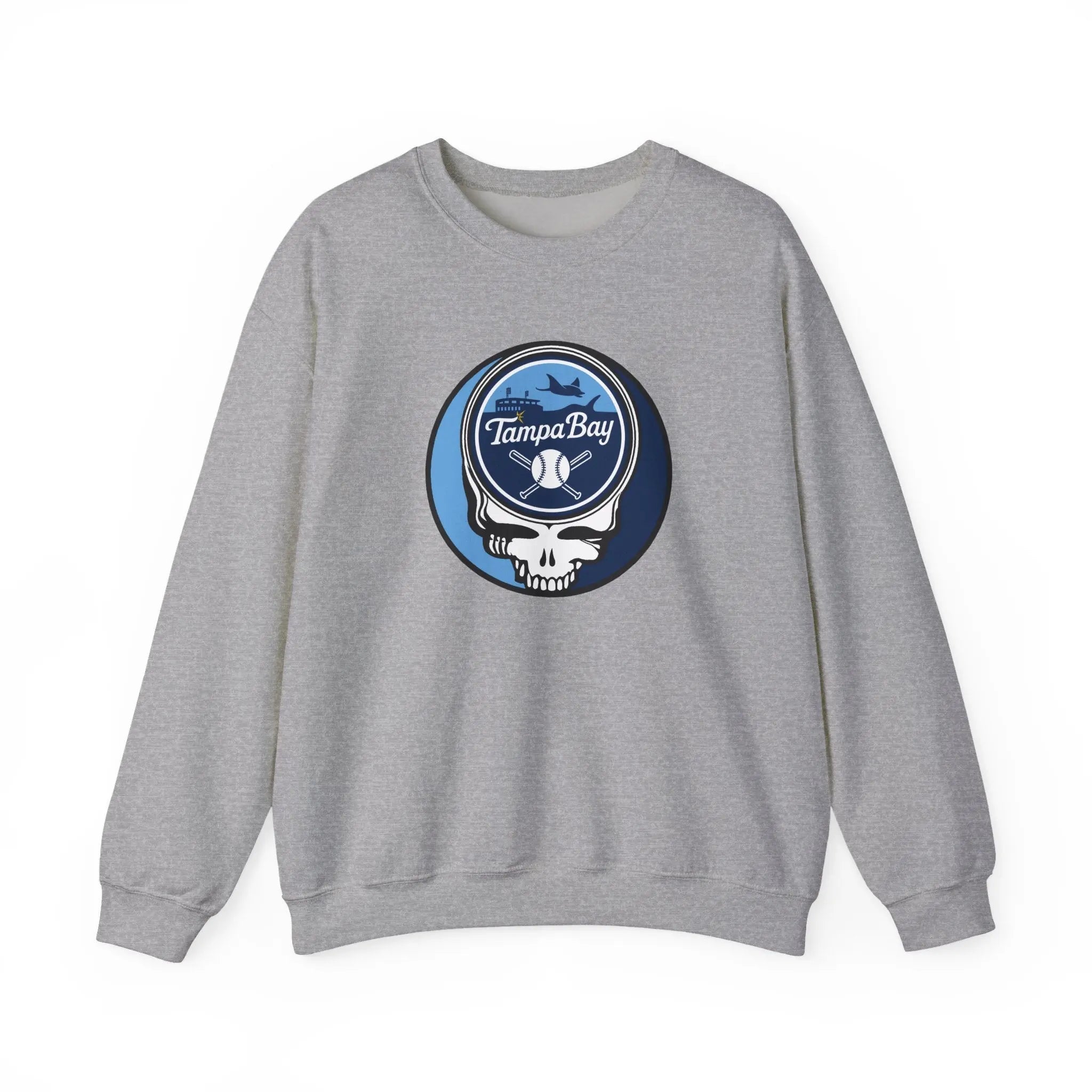 Sport grey crewneck sweatshirt with circular Tampa Bay Rays Stealie logo