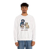 White crewneck sweatshirt with cartoon front graphic