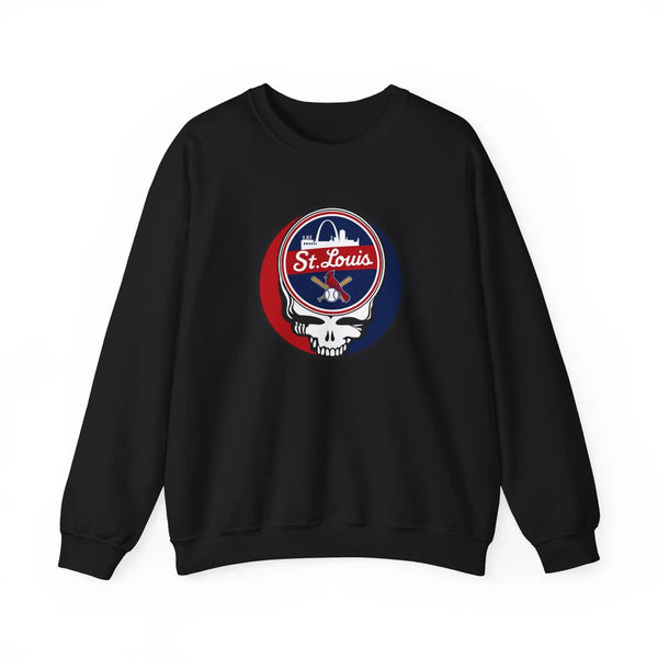 Black crewneck sweatshirt with St. Louis logo graphic on center chest