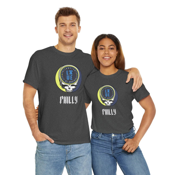 Dark gray Stealie logo T-shirt with circular skull graphic and “Philly” text on chest