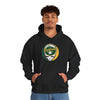 Black hoodie with hood and front pouch pocket, Oakland logo skull baseball graphic.