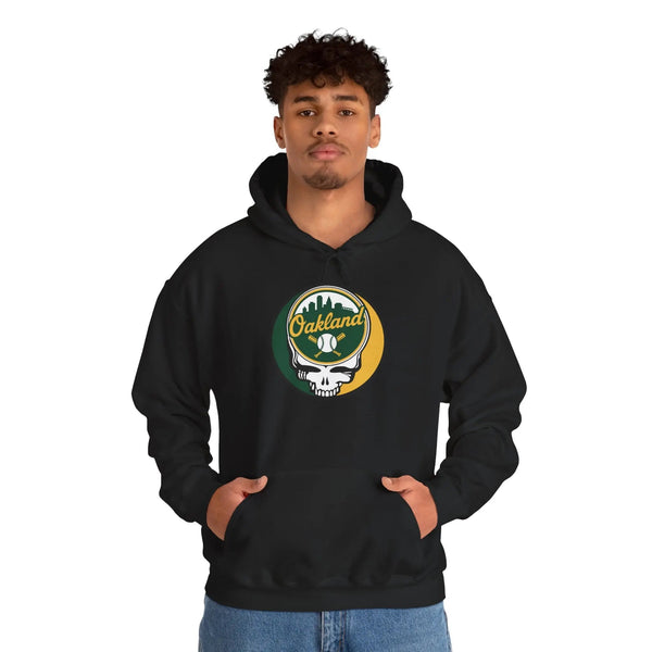 Black hoodie with hood and front pouch pocket, Oakland logo skull baseball graphic.