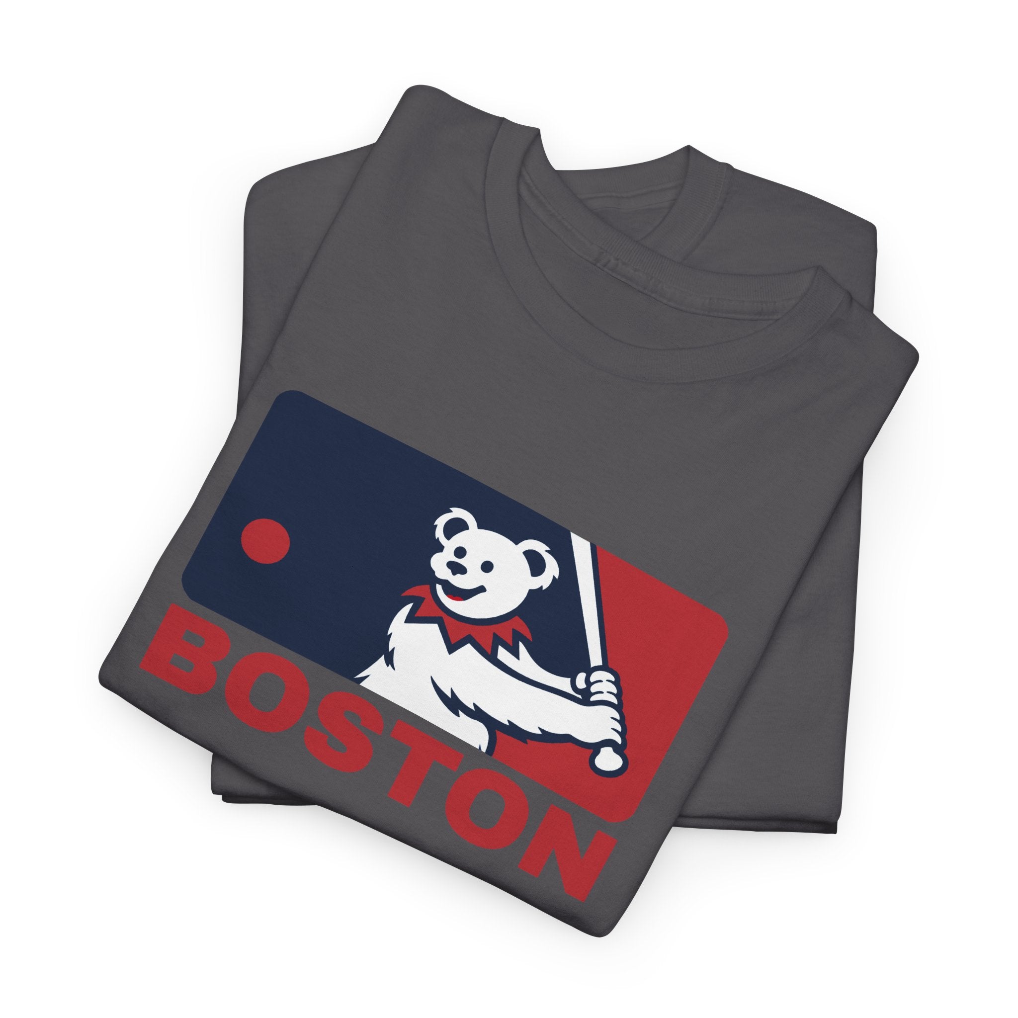 Dark charcoal short-sleeve t-shirt set with Boston bear mascot and “BOSTON” logo