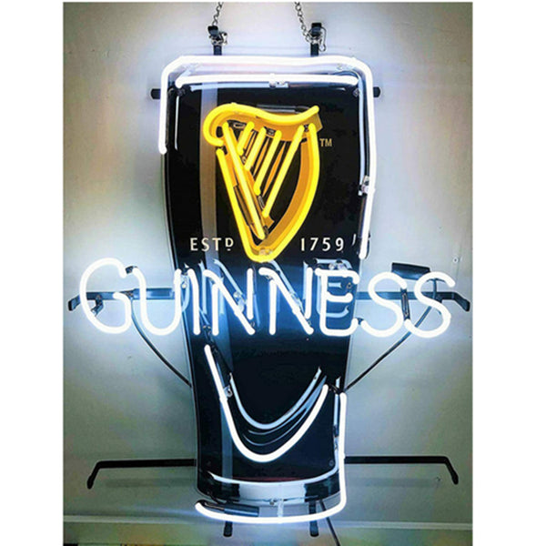 Guinness neon beer can sign hanging, yellow harp with white GUINNESS lettering