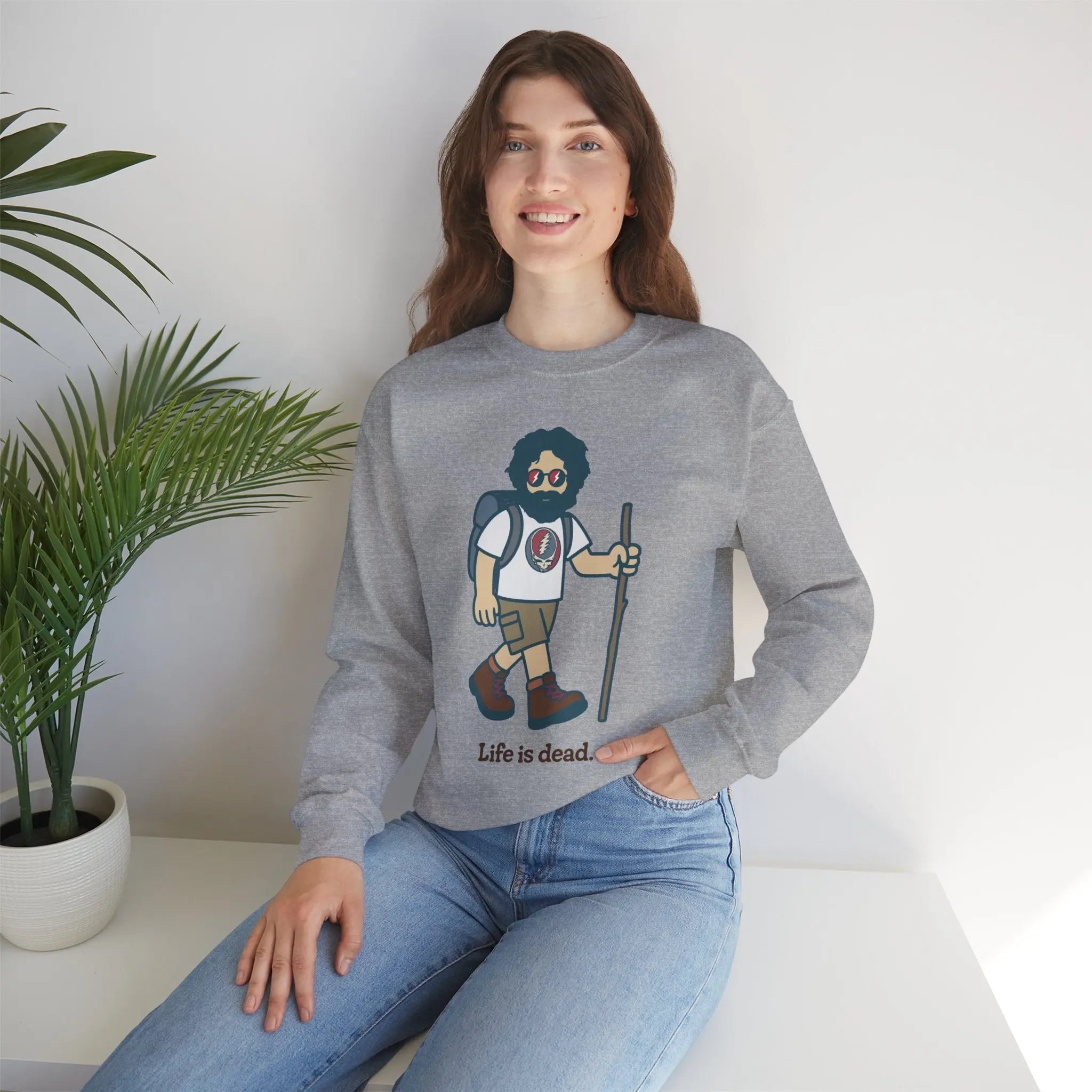 Sport gray crewneck sweatshirt on model with bearded hiker graphic and long sleeves
