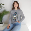 Sport gray crewneck sweatshirt on model with bearded hiker graphic and long sleeves