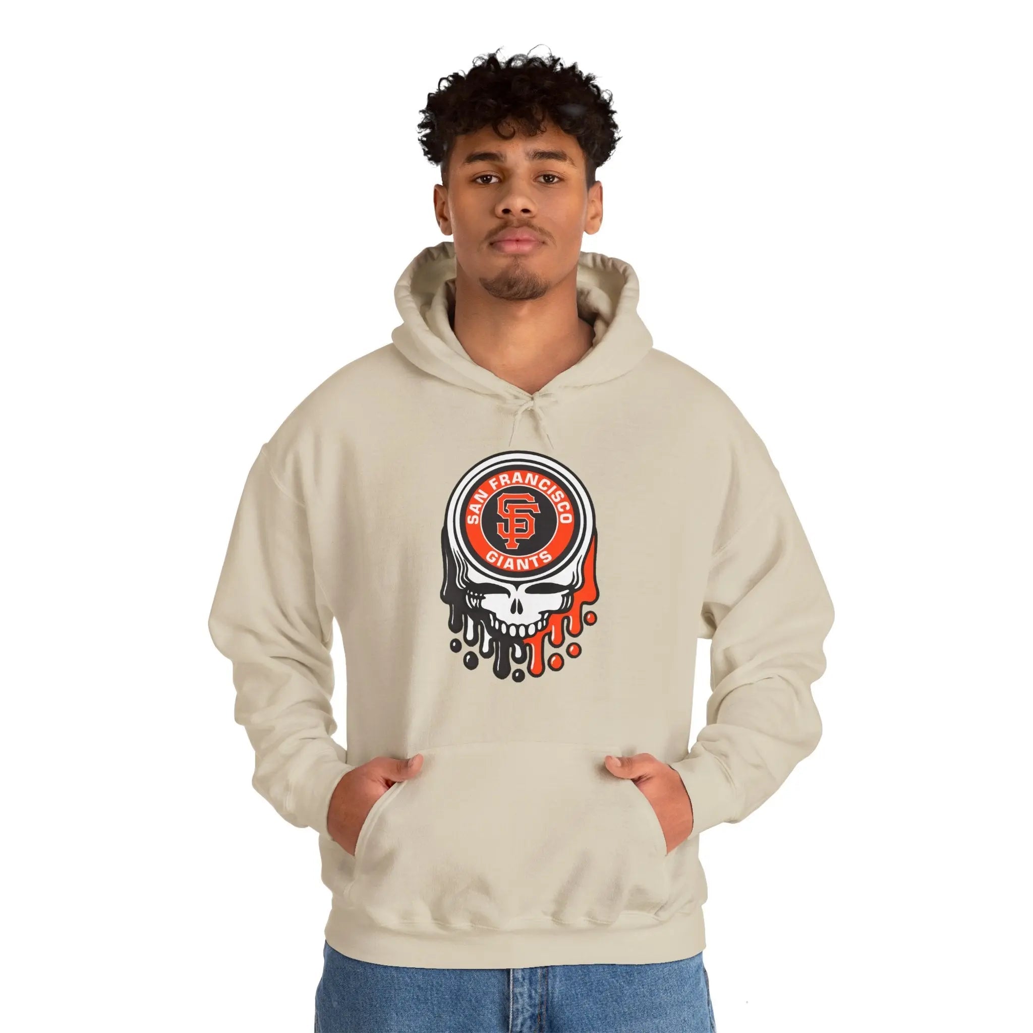 Light beige hoodie with circular Giants skull logo and dripping graphic