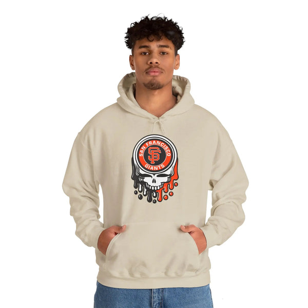 Light beige hoodie with circular Giants skull logo and dripping graphic