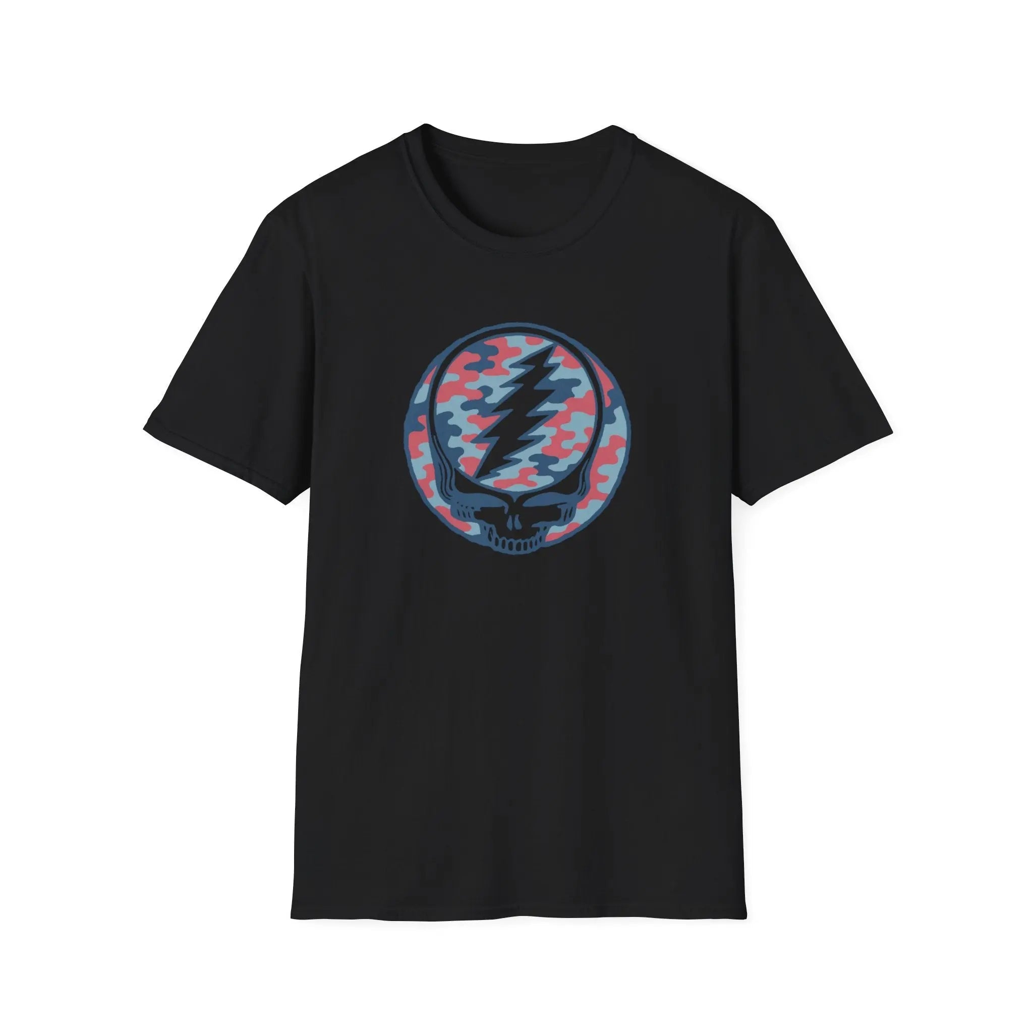 Black crewneck T-shirt with circular camo skull lightning graphic