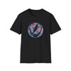 Black crewneck T-shirt with circular camo skull lightning graphic