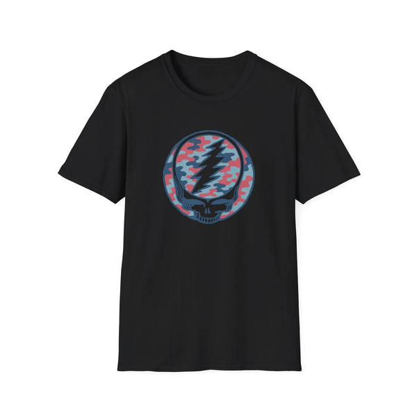 Black crewneck T-shirt with circular camo skull lightning graphic