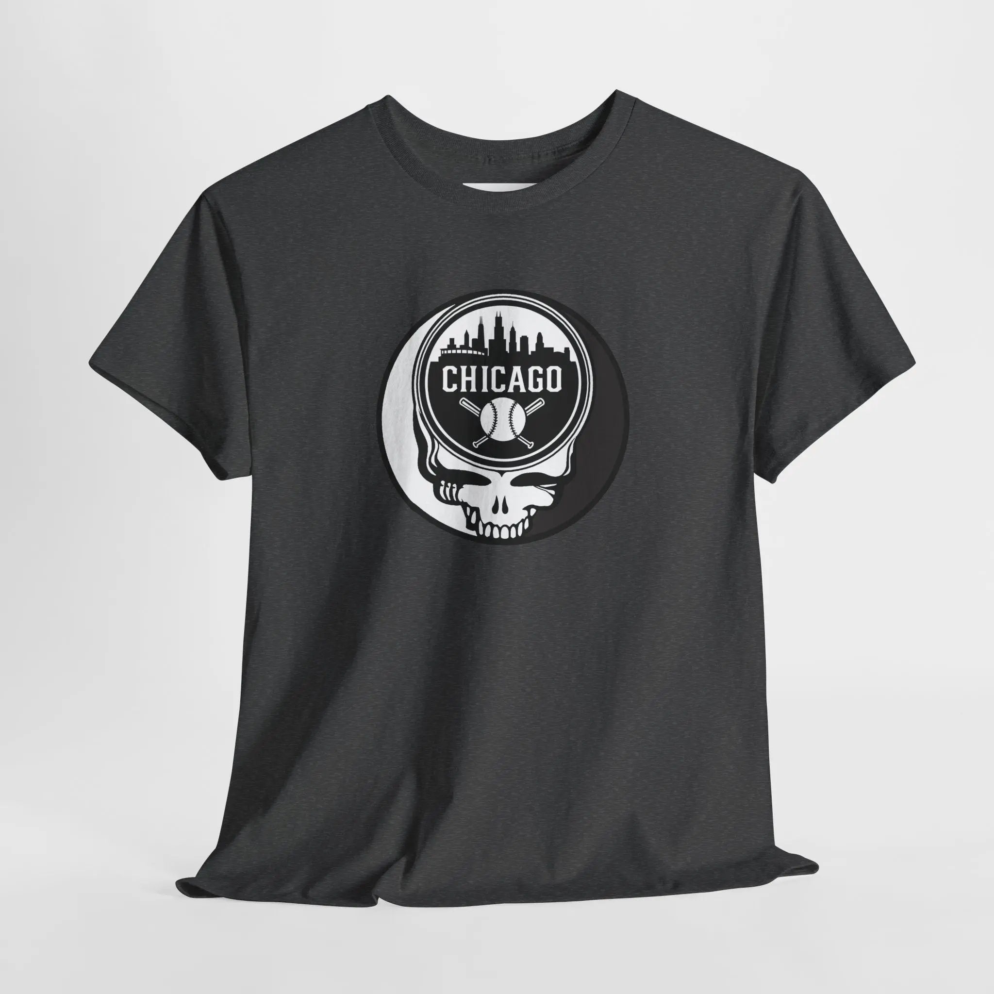 Charcoal Chicago Stealie skull T-shirt with circular logo graphic on front