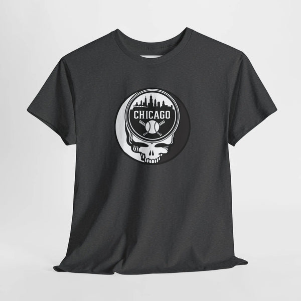Charcoal Chicago Stealie skull T-shirt with circular logo graphic on front