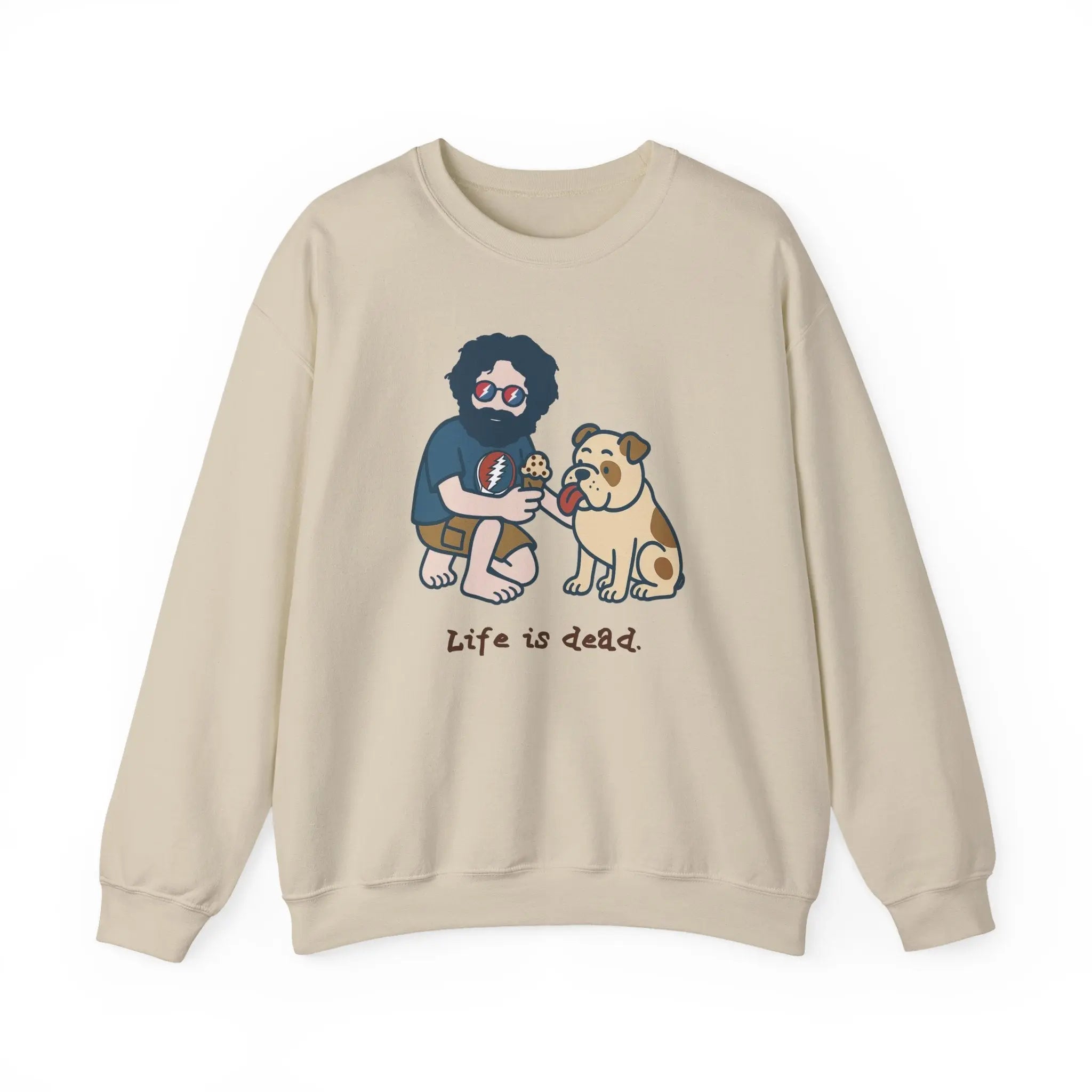 Sand crewneck sweatshirt with cartoon graphic of two men and a pug dog