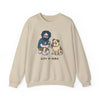 Sand crewneck sweatshirt with cartoon graphic of two men and a pug dog