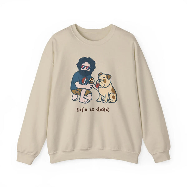 Sand crewneck sweatshirt with cartoon graphic of two men and a pug dog