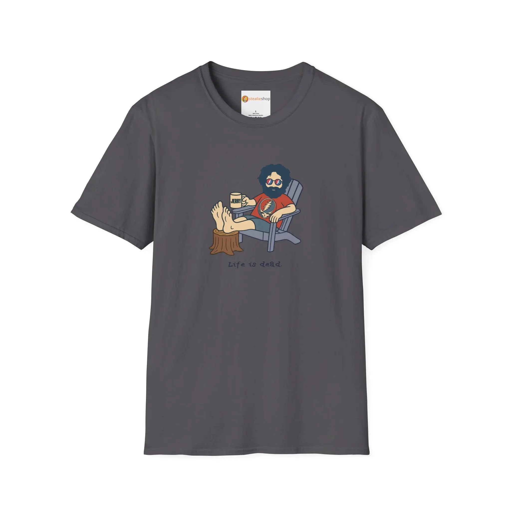 Charcoal graphic T-shirt with crew neck and illustrated seated character on front