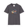 Charcoal graphic T-shirt with crew neck and illustrated seated character on front