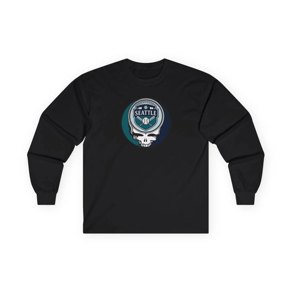 Black long-sleeve T-shirt with circular Seattle Stealie skull logo on chest