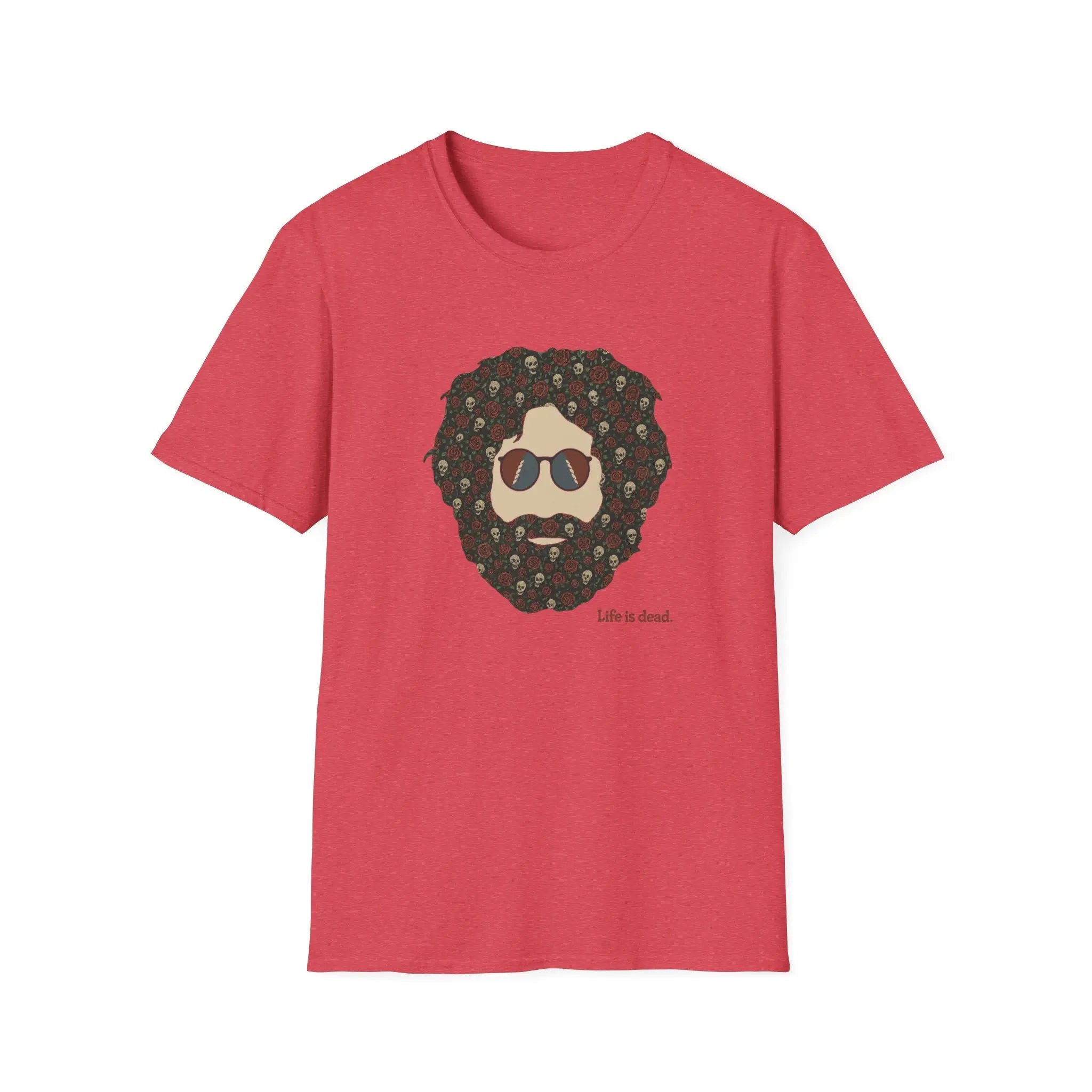 Heather red crewneck T-shirt with bearded skull graphic front print