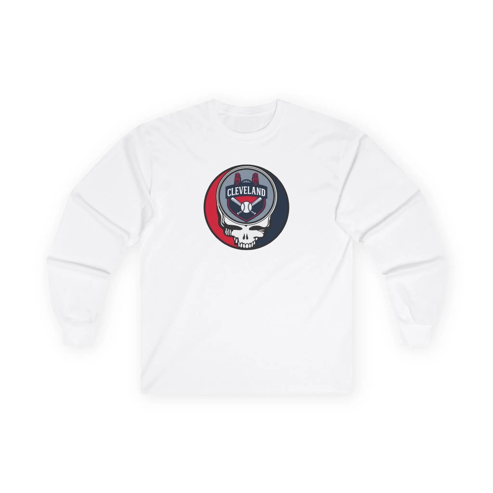White Cleveland Guardians long-sleeve T-shirt with round Stealie skull chest logo print