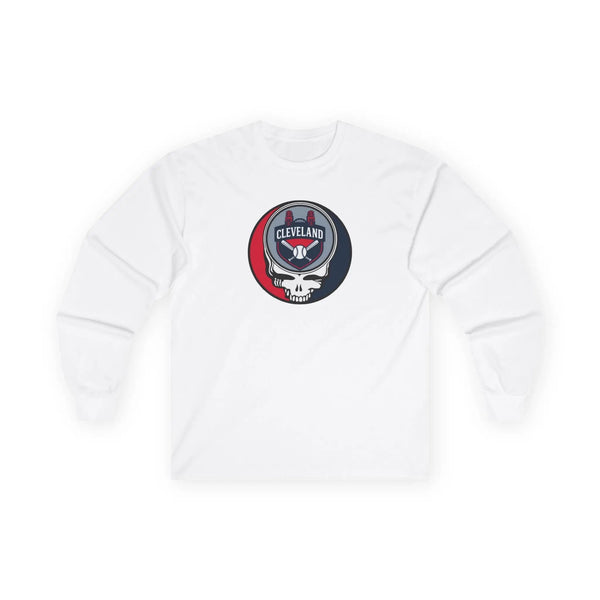 White Cleveland Guardians long-sleeve T-shirt with round Stealie skull chest logo print