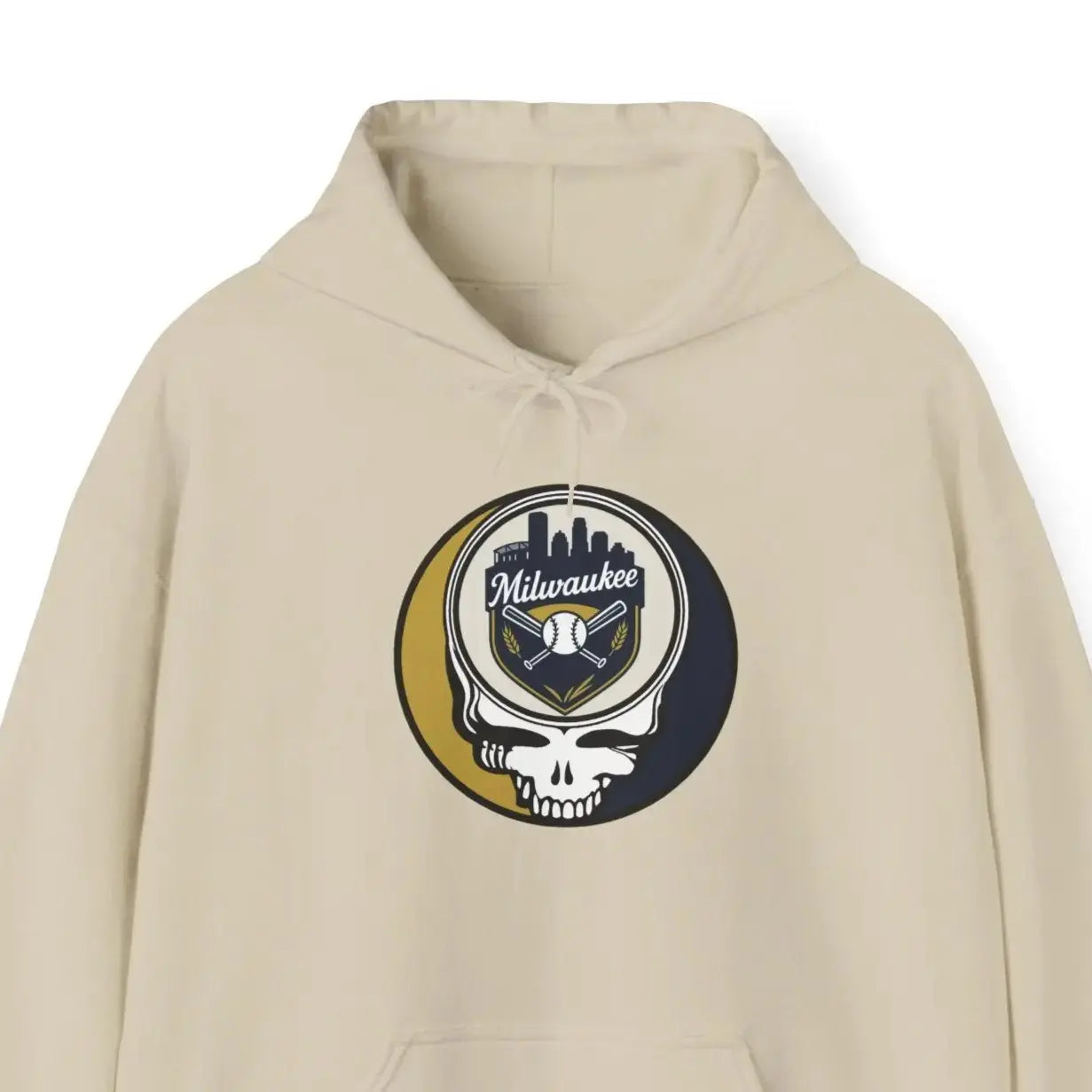 Cream hoodie with Milwaukee Brewers Stealie graphic and front kangaroo pocket