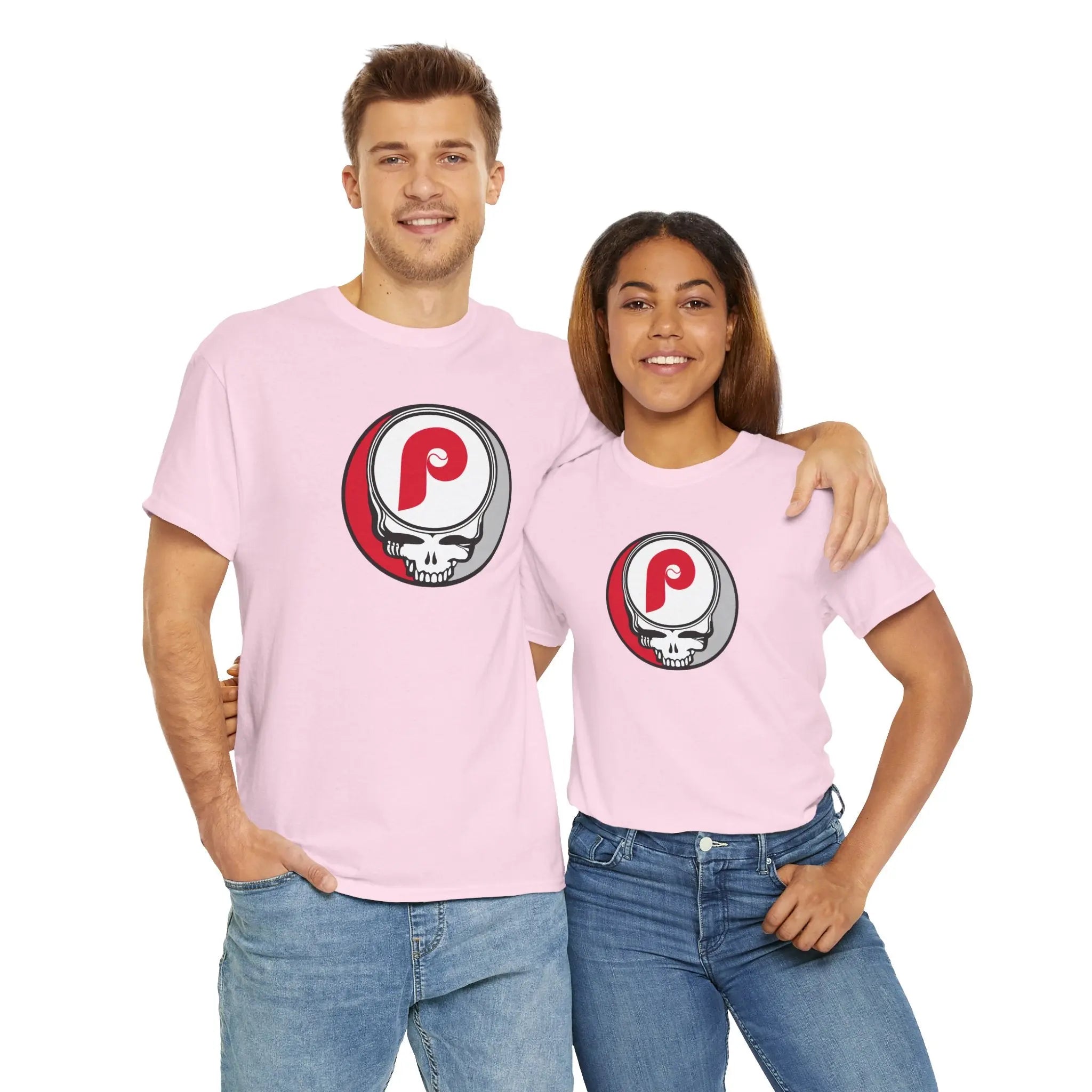 Light pink short-sleeve T-shirt with circular P skull team logo