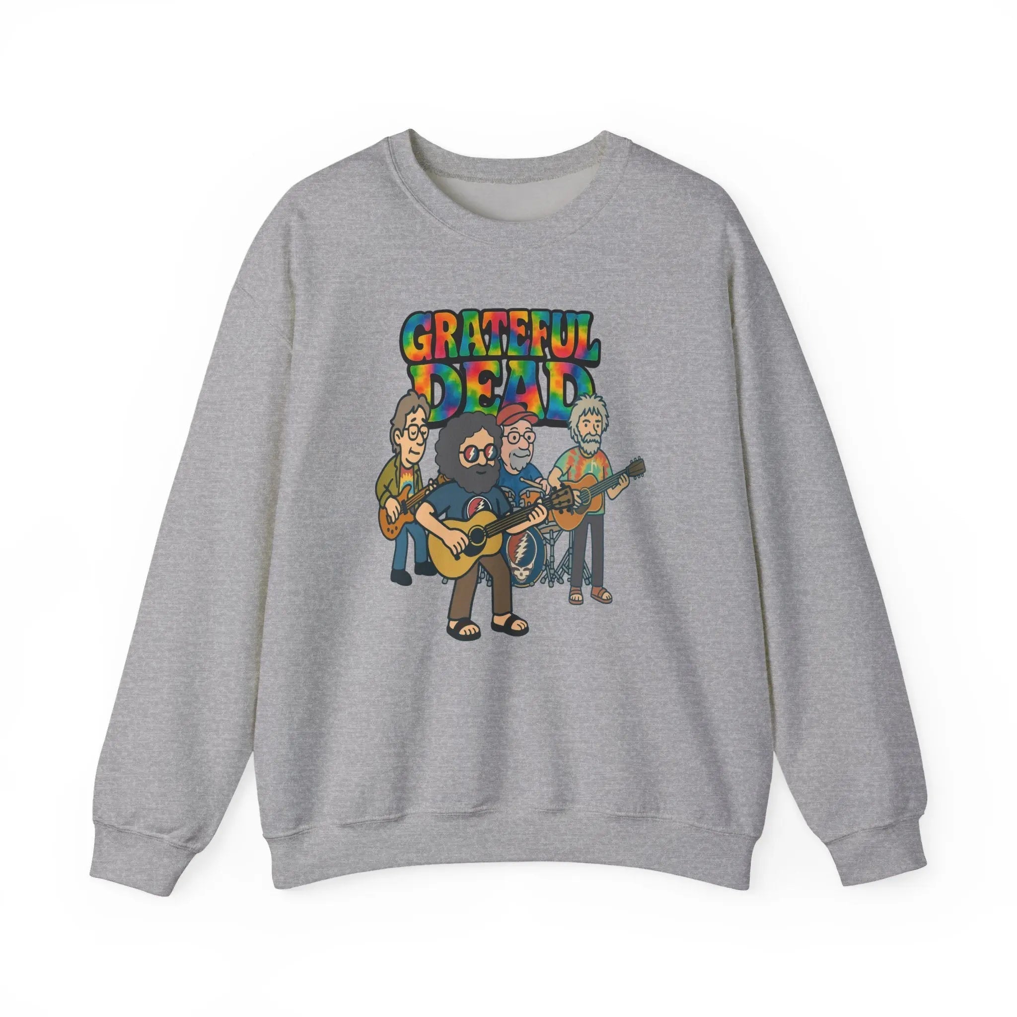 Heather gray crewneck sweatshirt with back band logo graphic print