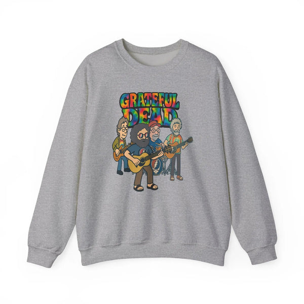 Heather gray crewneck sweatshirt with back band logo graphic print
