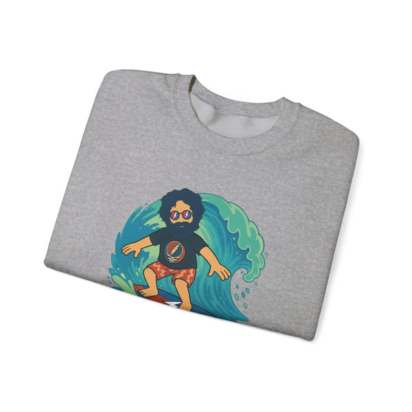 Sport grey crewneck sweatshirt with surfing character graphic and Life is dead. text