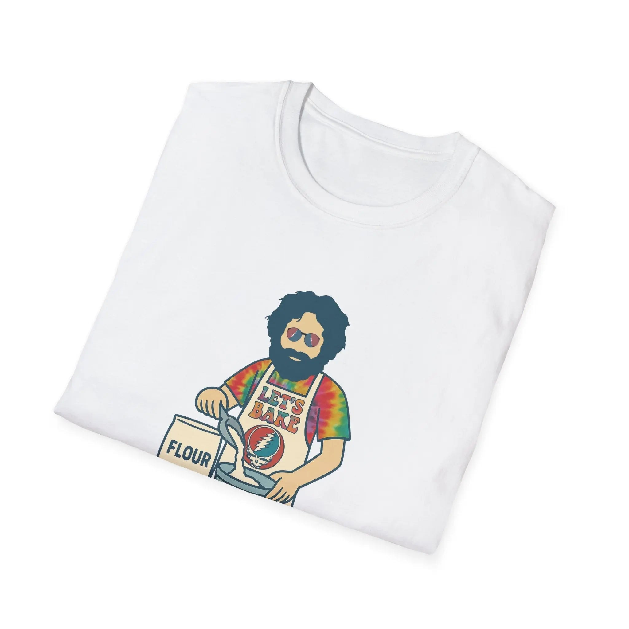 White crew-neck graphic T-shirt, folded, featuring flour sack character print