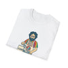White crew-neck graphic T-shirt, folded, featuring flour sack character print