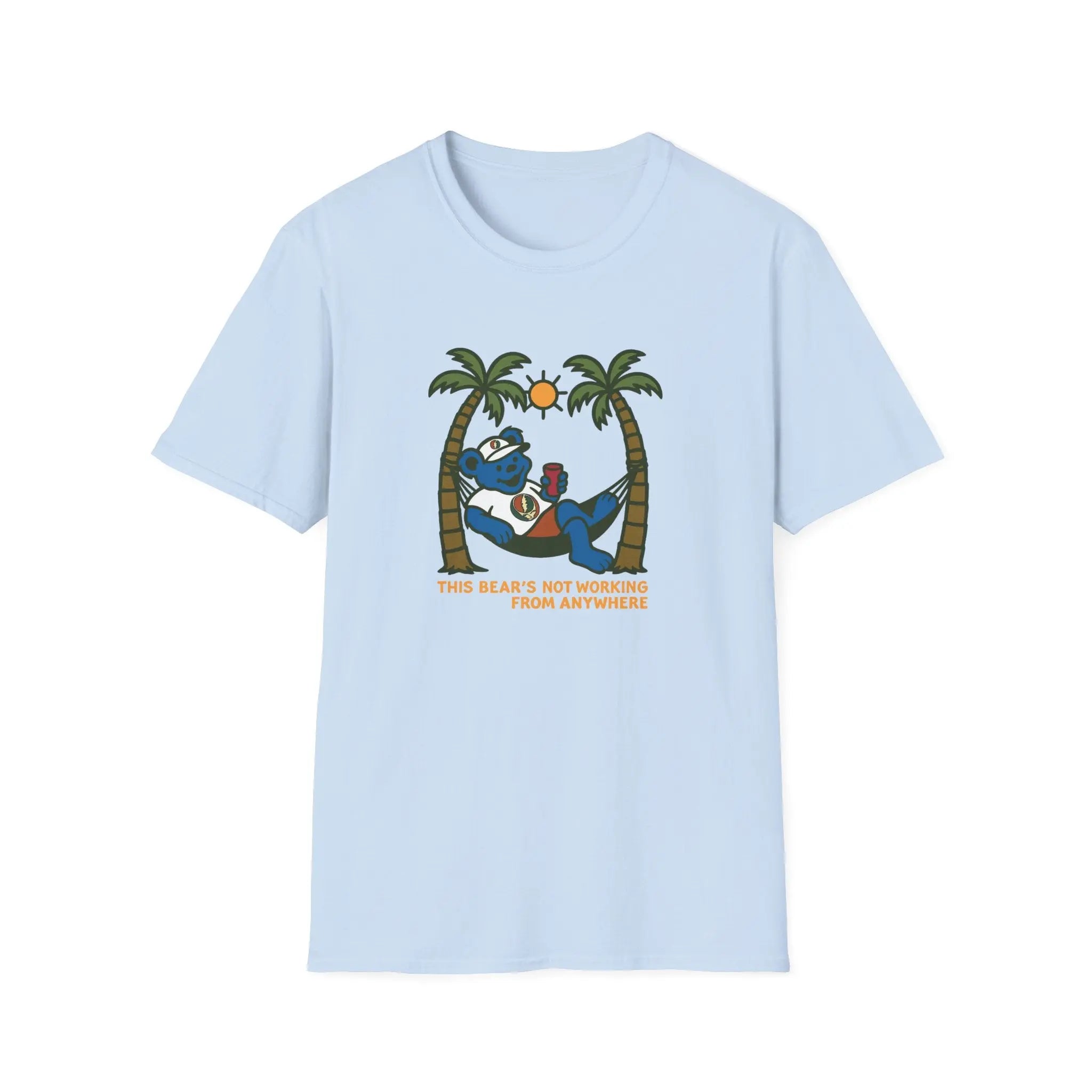 Light blue graphic T-shirt with bear illustration and palm trees, crew neck short sleeves