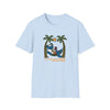 Light blue graphic T-shirt with bear illustration and palm trees, crew neck short sleeves