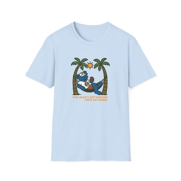 Light blue graphic T-shirt with bear illustration and palm trees, crew neck short sleeves