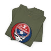 Olive green T-shirt set with round Philadelphia logo skull graphic on the chest
